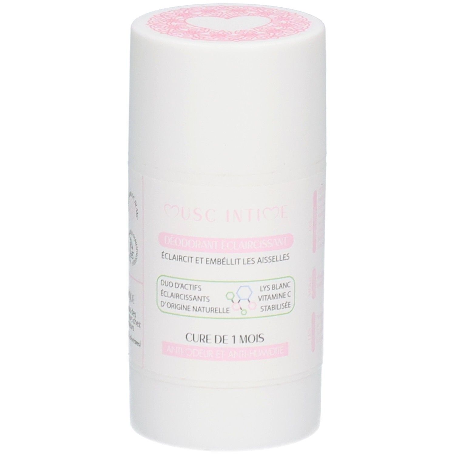 Contenant cylindrique blanc avec couvercle rose. Étiquette avec texte: Duo actifs éclaircissants, Lys blanc vitamine C stabilisée. Nom du produit non visible.