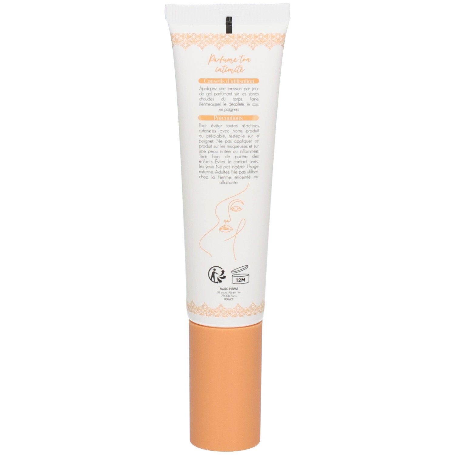 Tube blanc avec bouchon pêche. Texte et graphique stylisé de visage sur le devant.