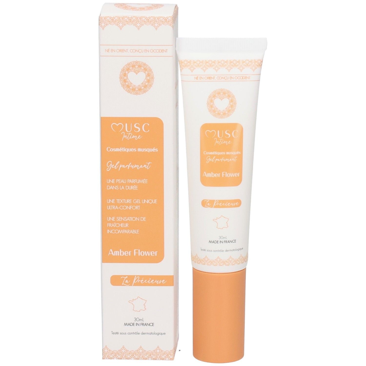MUSC Intime Amber Flower Gel parfumé Tube avec bouchon orange et boîte pliante.