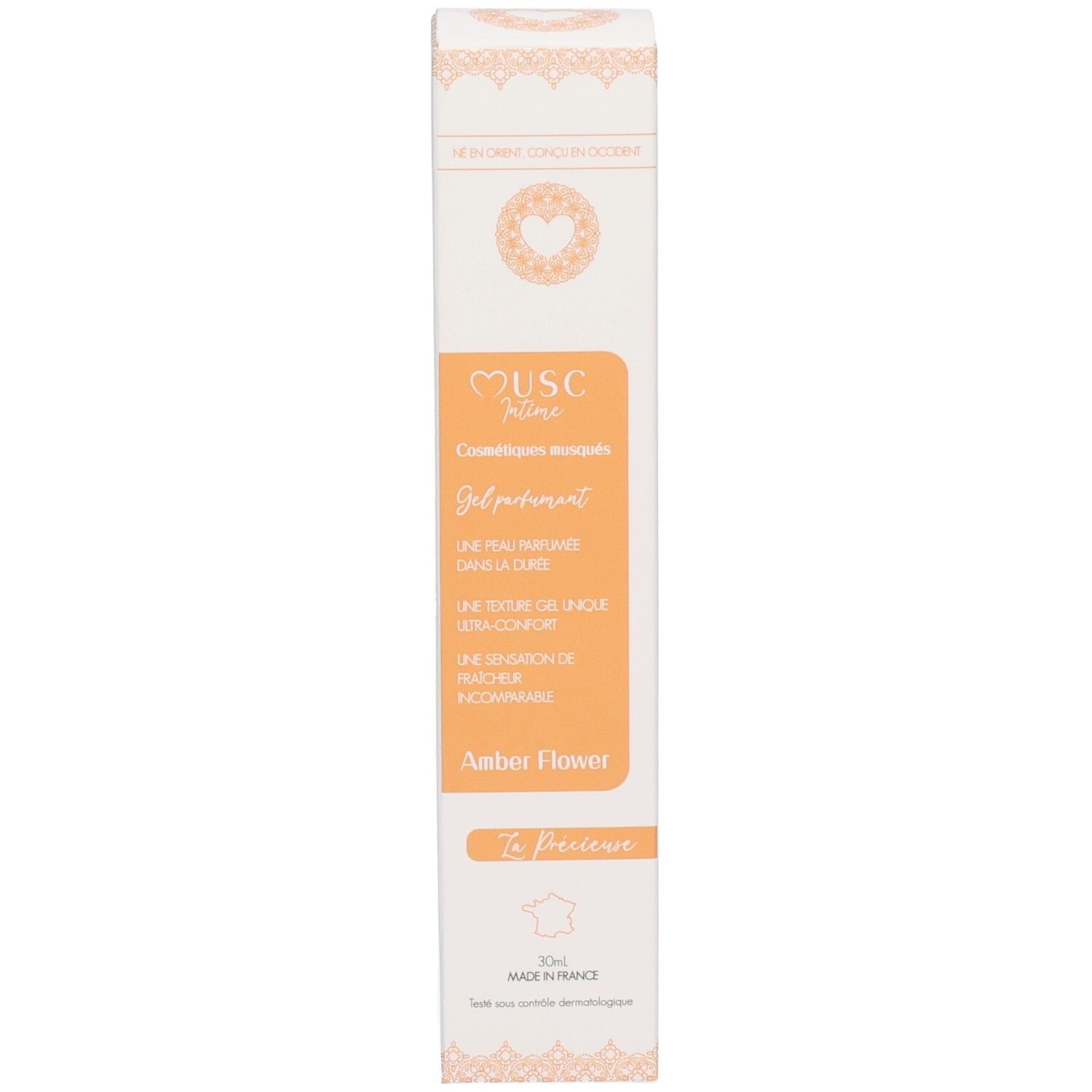 Emballage pour un gel parfumé au parfum Amber Flower.