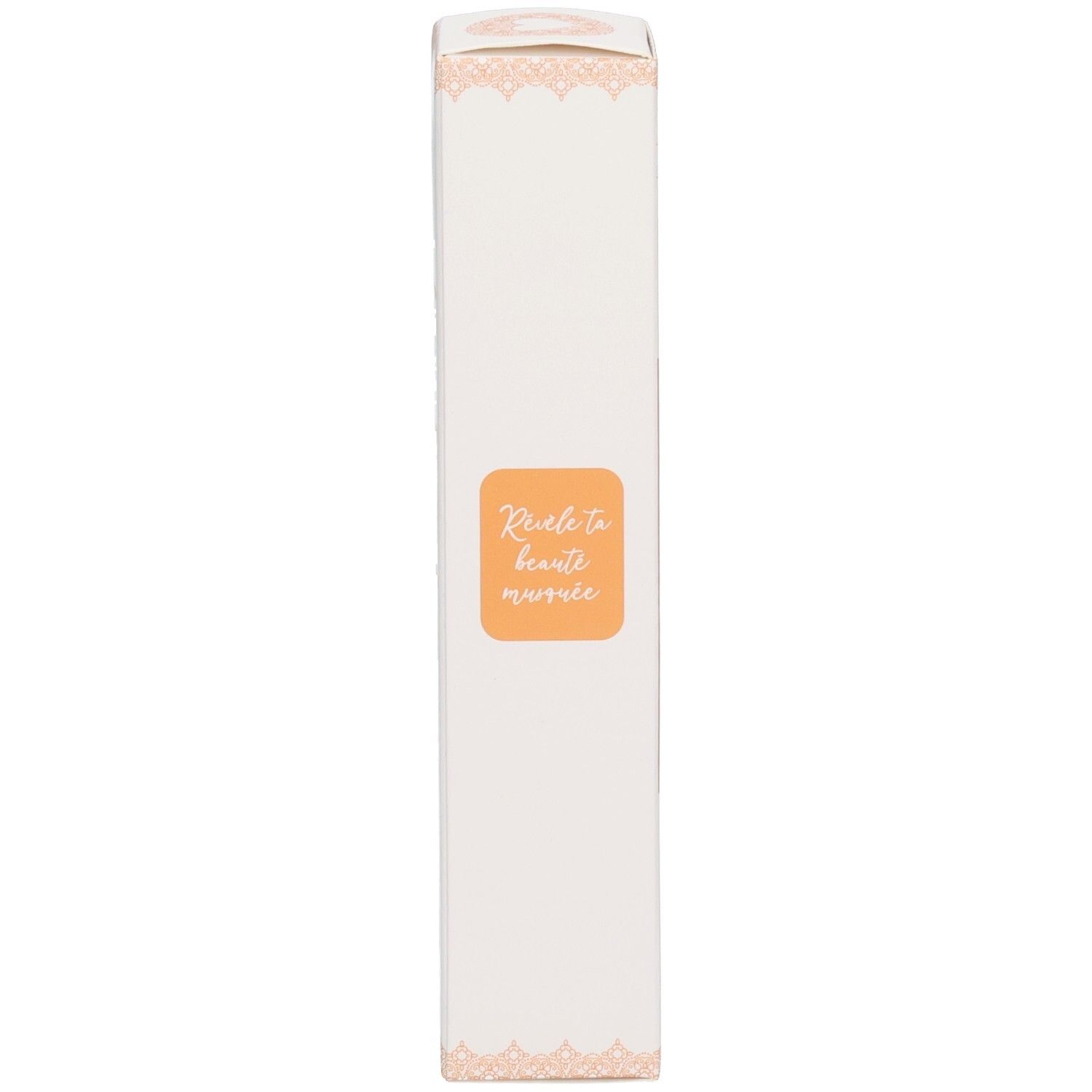 Emballage blanc avec inscription orange 'Révèle ta beauté annoncée'.