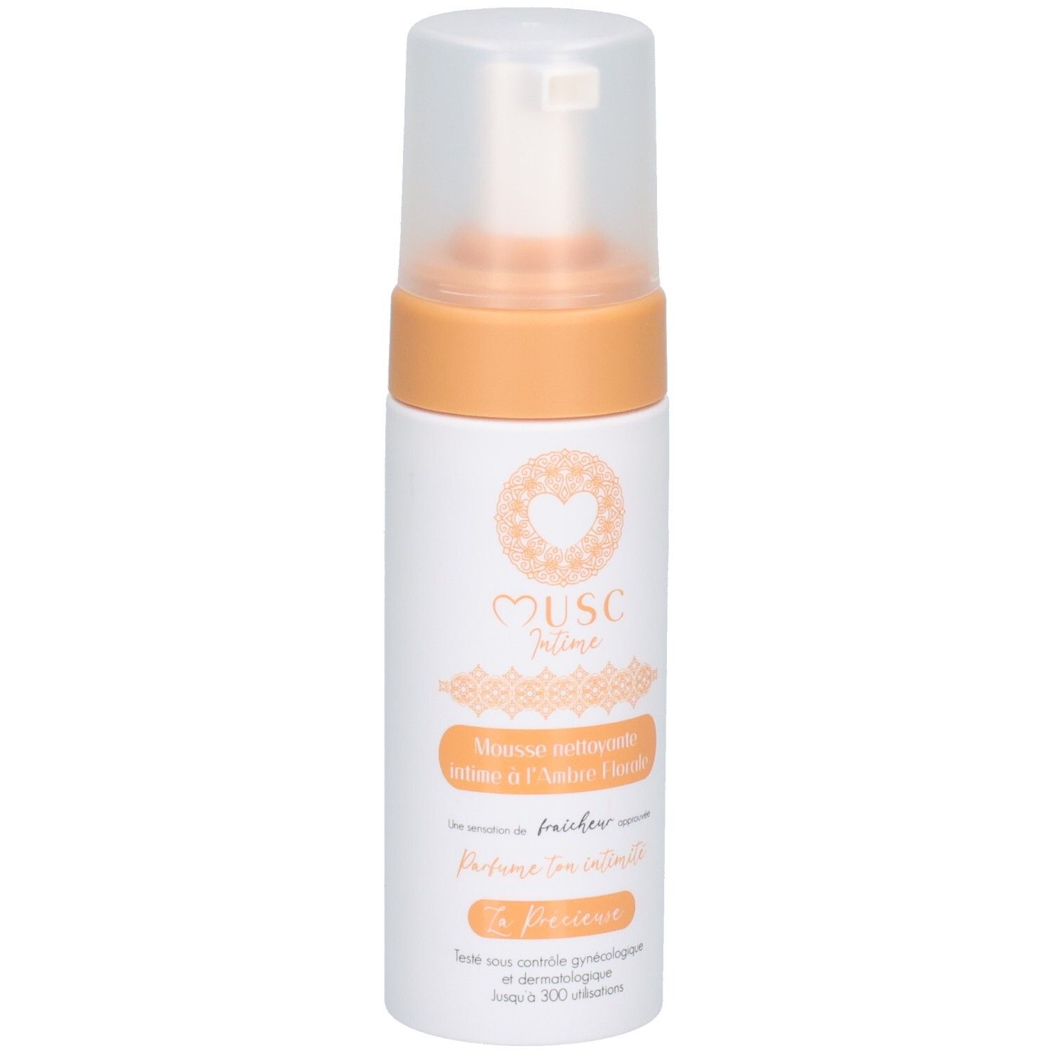 Flacon blanc et orange avec pompe. Inscription: Musc Intime, Mousse nettoyante intime à l'Ambre Florale. Nom du produit et logo.