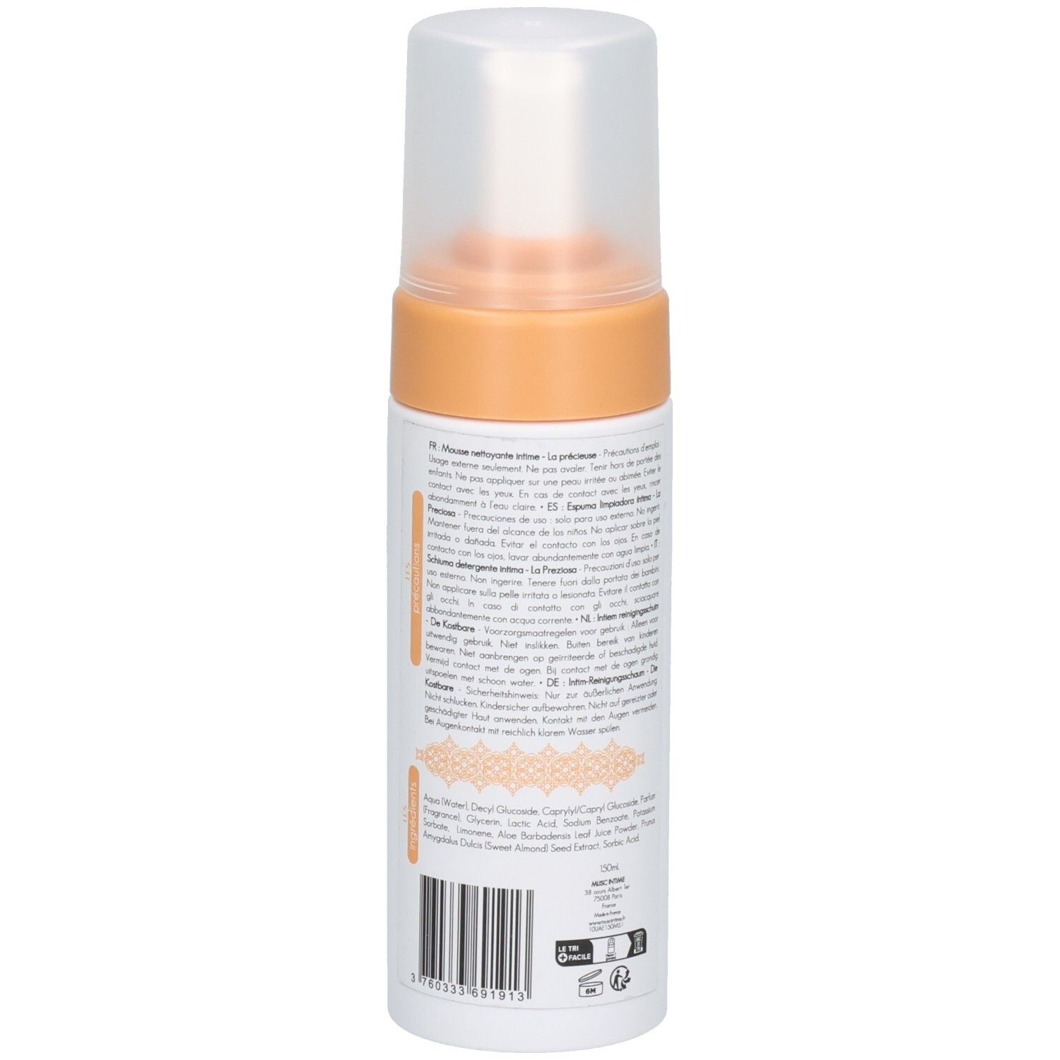 Flacon blanc et orange, vue arrière. Texte multilingue. Pompe transparente. Nom du produit et logo non visibles.
