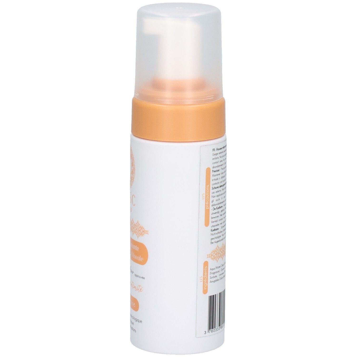 Flacon blanc et orange, vue latérale. Texte au dos. Pompe transparente. Nom du produit et logo non visibles.