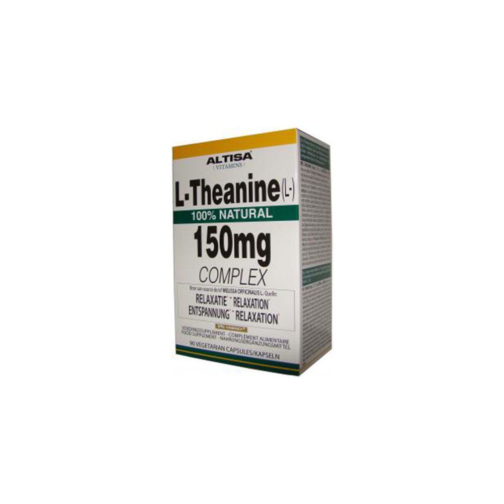 Emballage produit, boîte. 'ALTISA L-Théanine 150mg COMPLEX'. 90 gélules. Vert et blanc.