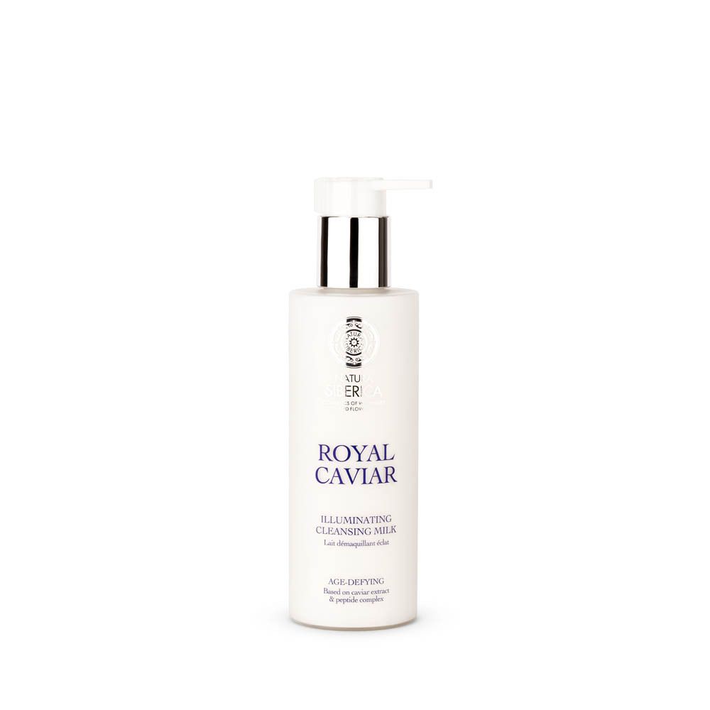 Flacon crème avec pompe. Inscription: Royal Caviar Illuminating Cleansing Milk. Marque: Natura Siberica.