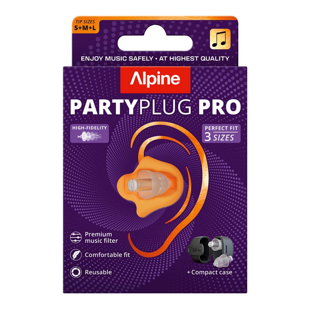 Boîte Alpine PartyPlug Pro. Bouchons d'oreille en 3 tailles. Filtre musical premium, réutilisable.
