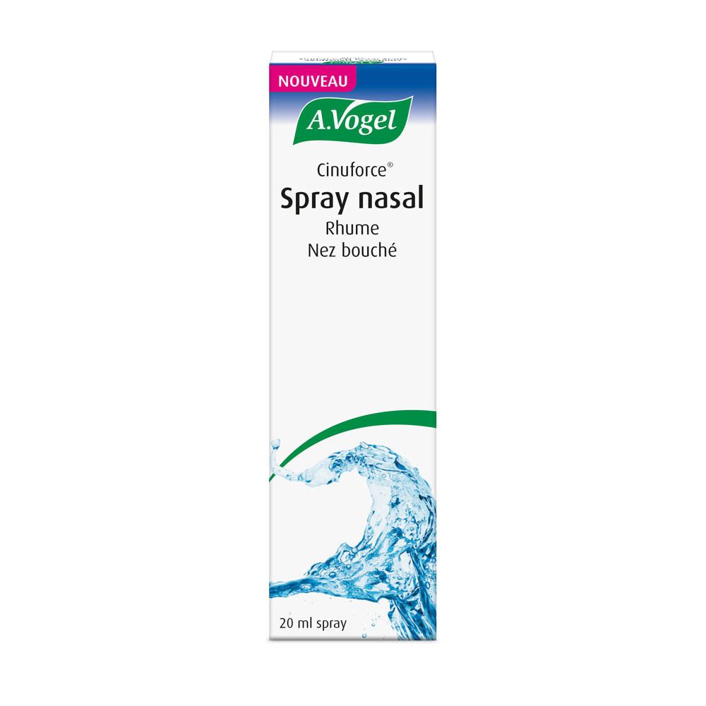 A.Vogel Cinuforce Spray nasal emballage carton avec motif éclaboussure d'eau. 20 ml.
