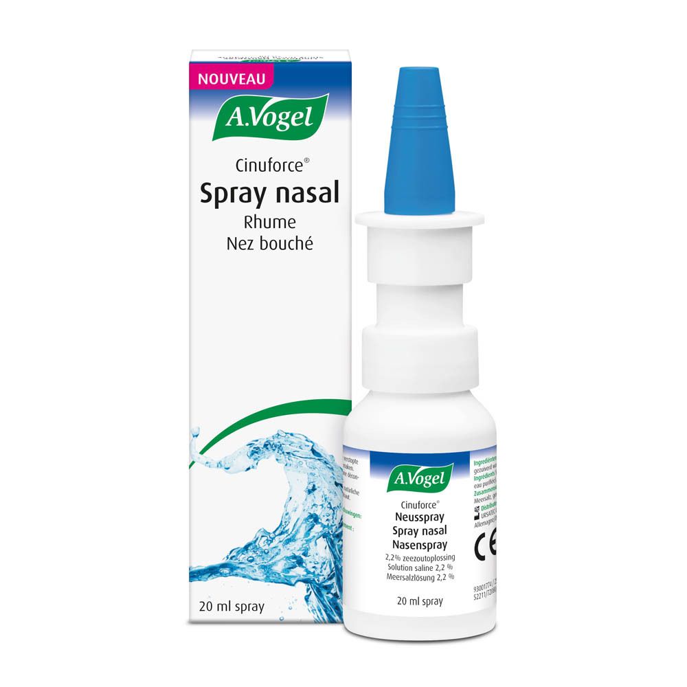 Dos de l'emballage A.Vogel Cinuforce Spray nasal avec instructions et marquage CE.
