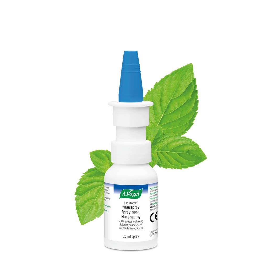 Dos de l'emballage A.Vogel Cinuforce Spray nasal avec instructions et marquage CE.