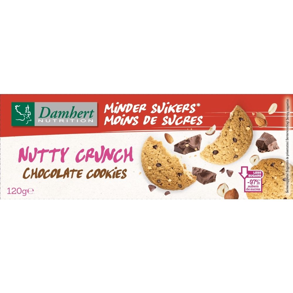 Biscuits Dambert Nutrition Nutty Crunch au chocolat, avec noisettes et pépites de chocolat.