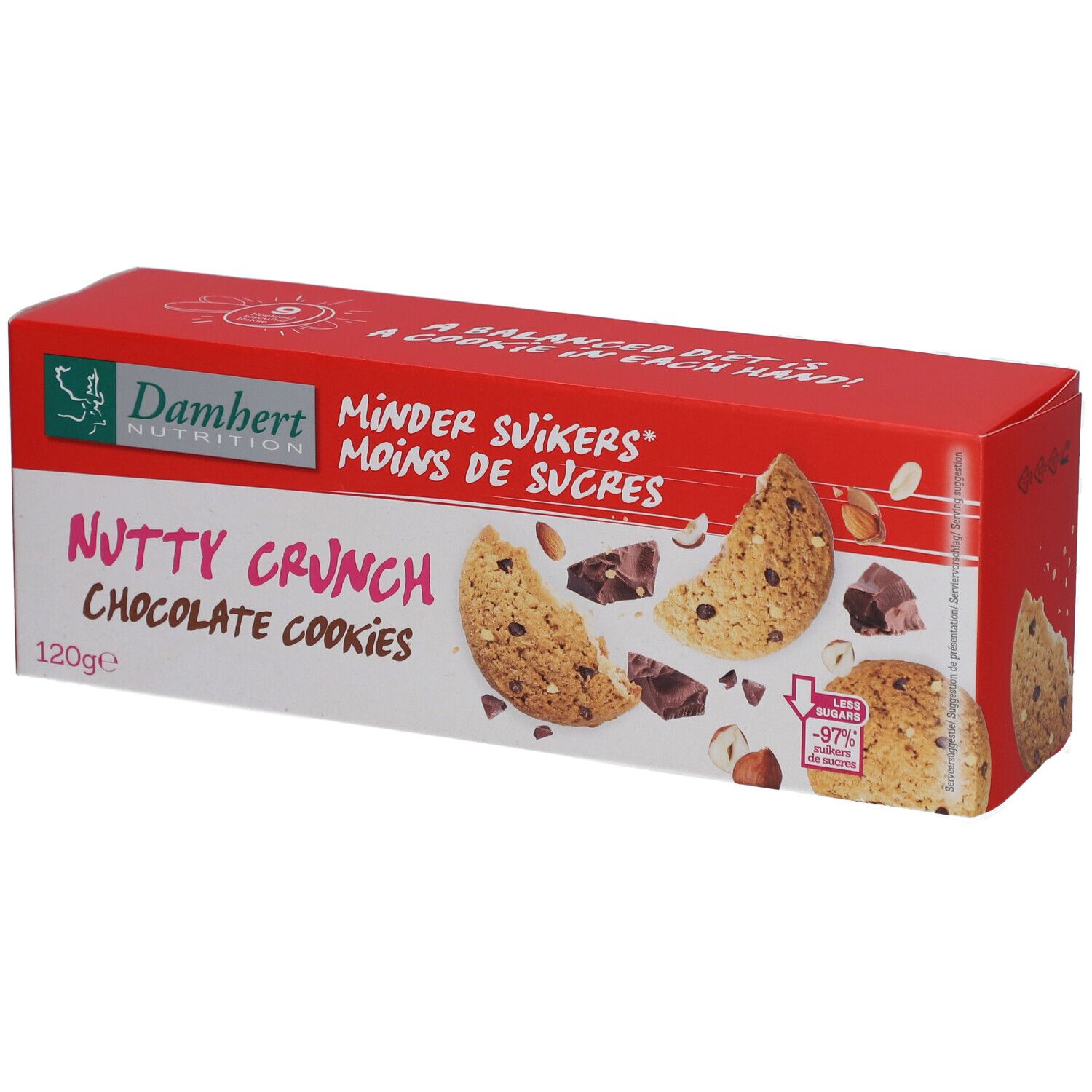 Boîte rouge avec logo Damhert et inscription "Nutty Crunch Chocolate Cookies". Illustration de biscuits et ingrédients.