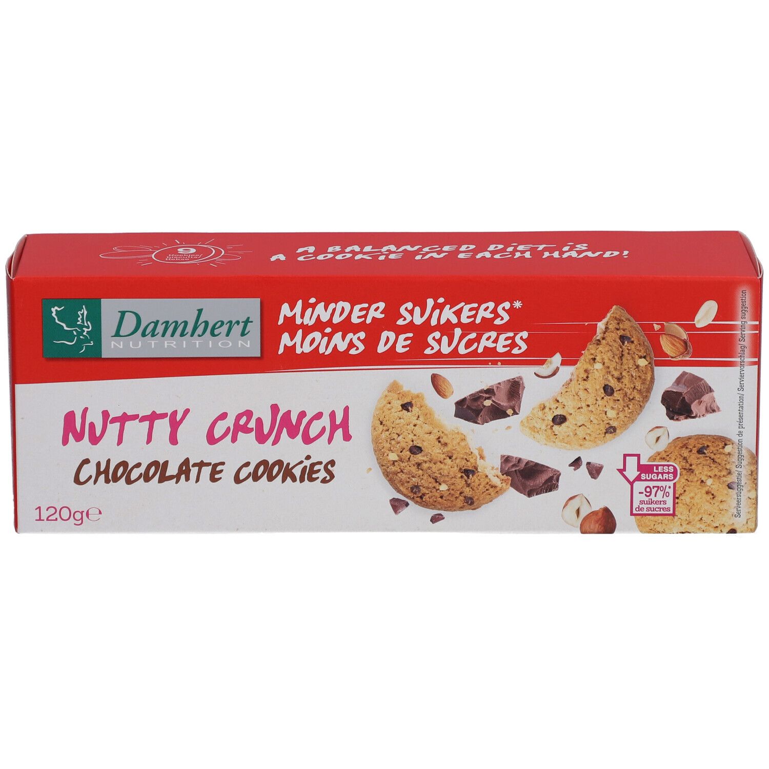 Boîte rouge avec logo Damhert et inscription "Nutty Crunch Chocolate Cookies". Illustration de biscuits et ingrédients.