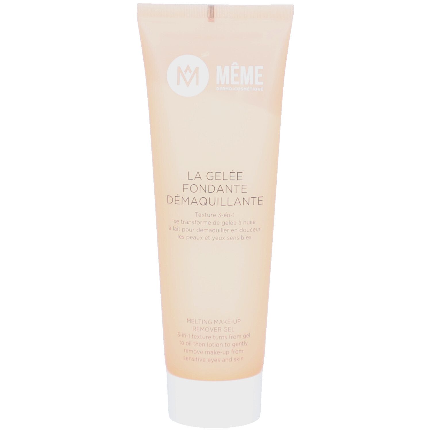 Tube beige avec bouchon blanc. Logo et texte "Meme". Inscription : "La Gelee Fondante Demaquillante".