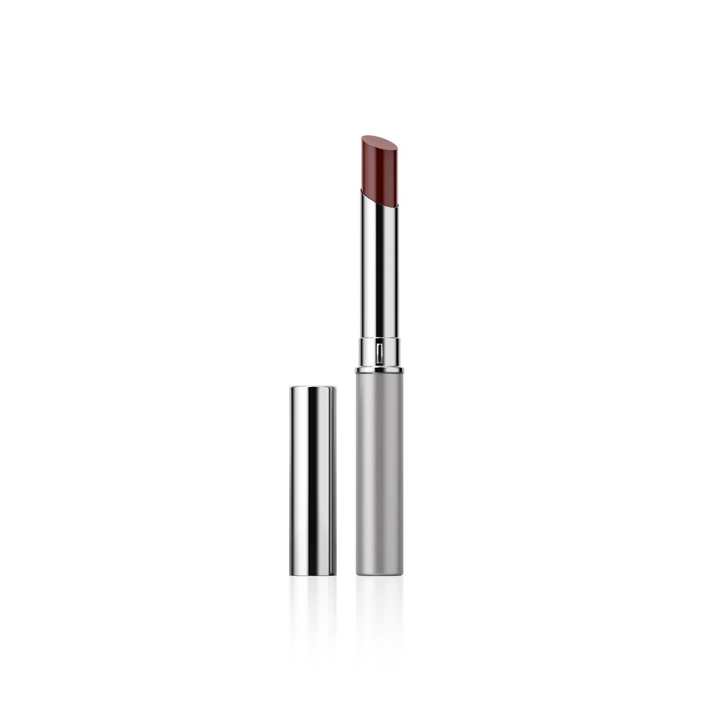 Rouge à lèvres avec étui argenté et capuchon ouvert. Le rouge à lèvres est brun-rouge.