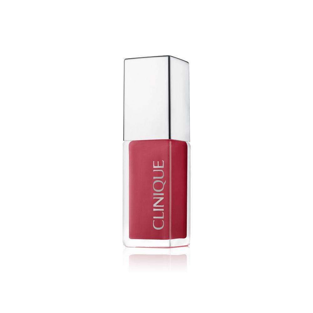 Clinique Pop™ Lip + Cheek Oil. Liquide rouge dans un flacon rectangulaire avec un bouchon argenté. Marque Clinique.