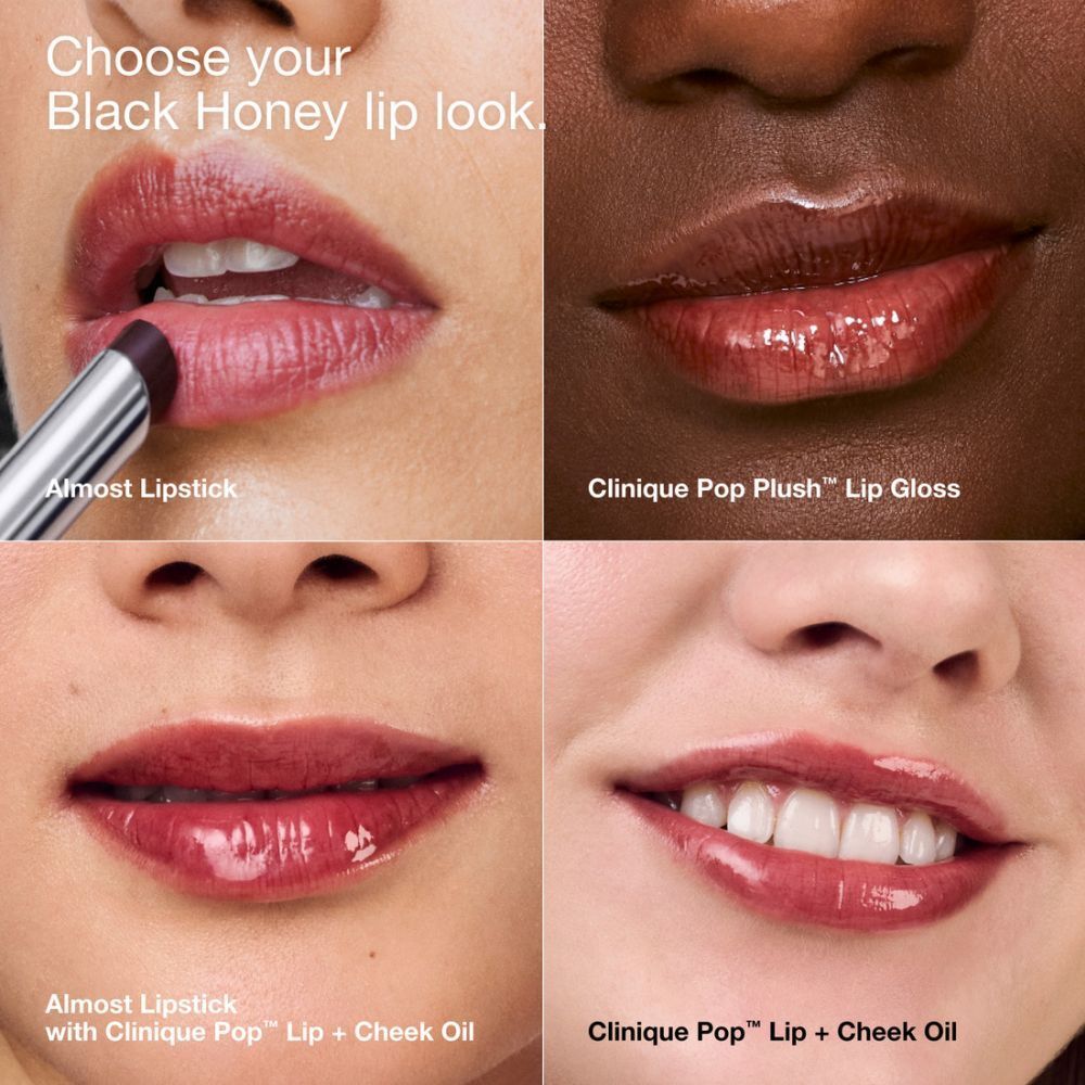 Quatre visages avec maquillage des lèvres. Différents looks avec Clinique Pop™ Lip + Cheek Oil.