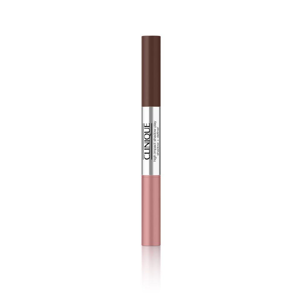 Crayon ombre à paupières double. Une extrémité marron, l'autre rose. Milieu argenté avec logo Clinique. Fond blanc.