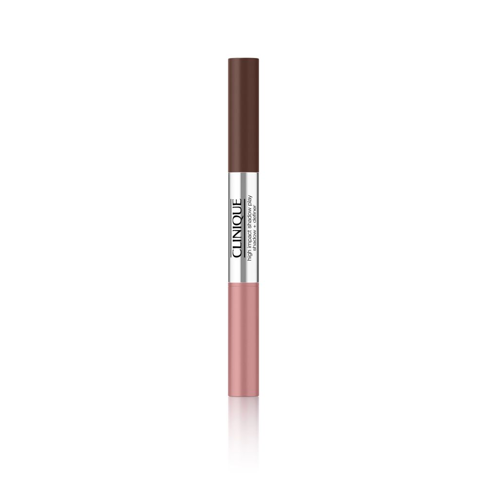 Crayon ombre à paupières double. Une extrémité marron, l'autre rose. Milieu argenté avec logo Clinique. Fond blanc.