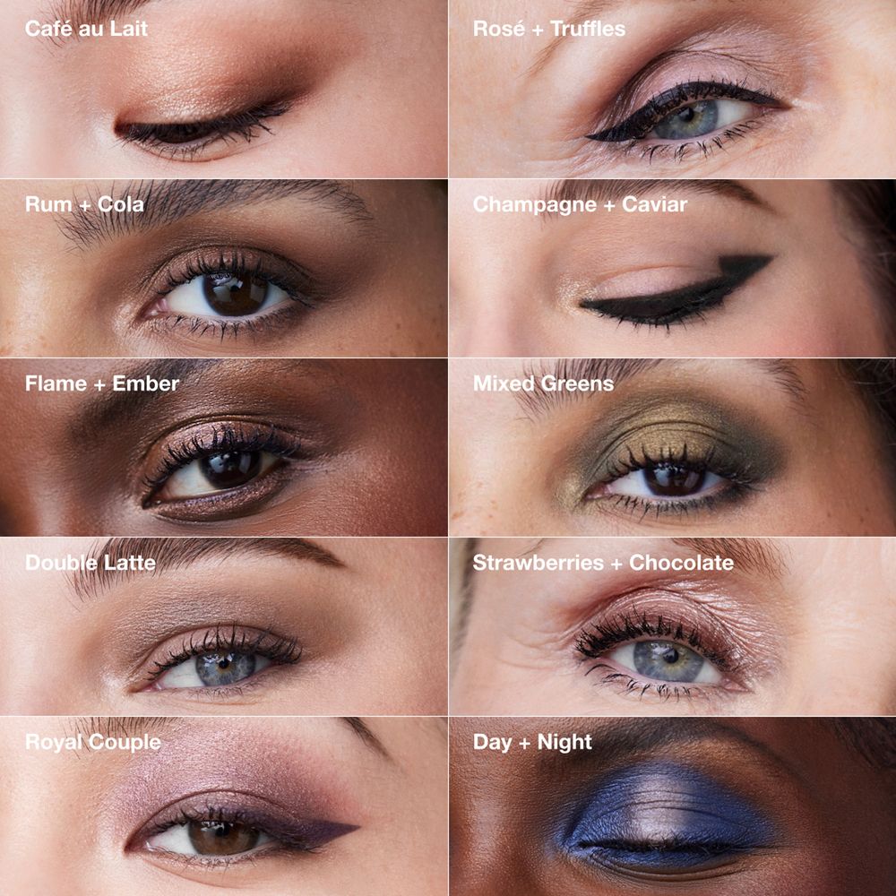 Gros plan sur des yeux avec différentes couleurs Clinique High Impact Shadow Play. Chaque œil a une teinte différente.