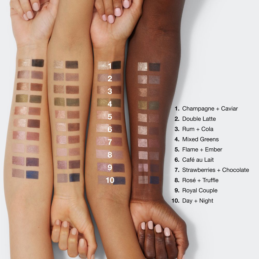 Bras avec différentes couleurs Clinique High Impact Shadow Play. 10 teintes sur trois bras. Les noms des couleurs sont donnés.