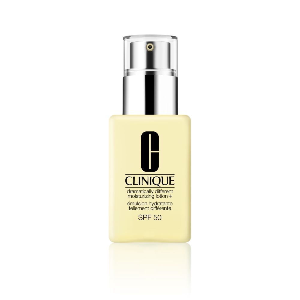 Flacon jaune avec bouchon argenté. Inscription : Clinique, Dramatically Different Moisturizing Lotion+ SPF 50.
