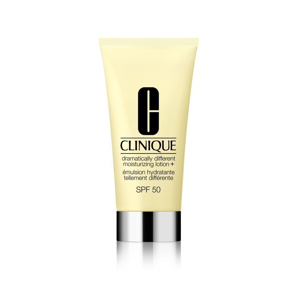 Tube jaune avec bouchon argenté. Inscription : Clinique, Dramatically Different Moisturizing Lotion + SPF 50.