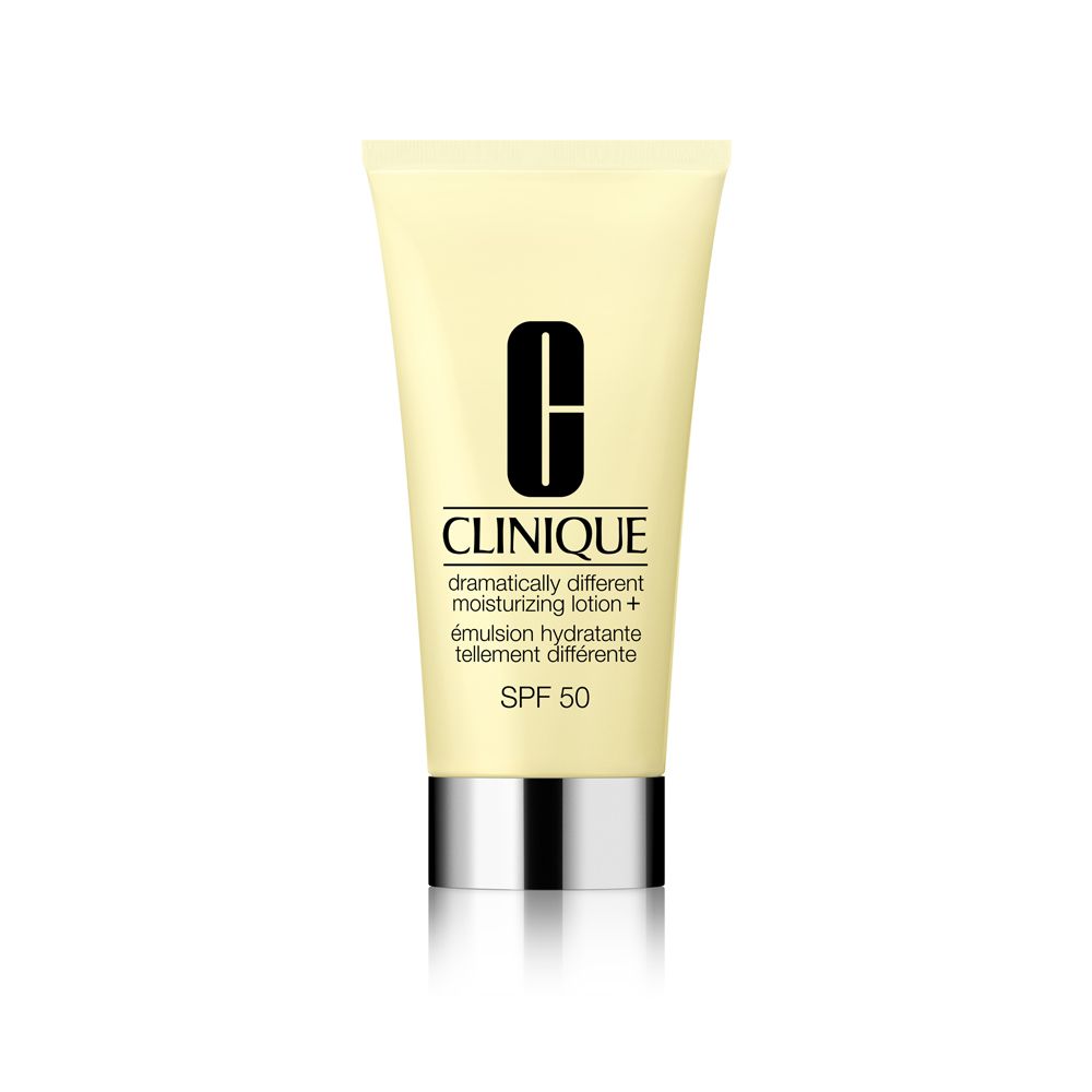 Tube jaune avec bouchon argenté. Inscription : Clinique, Dramatically Different Moisturizing Lotion + SPF 50.