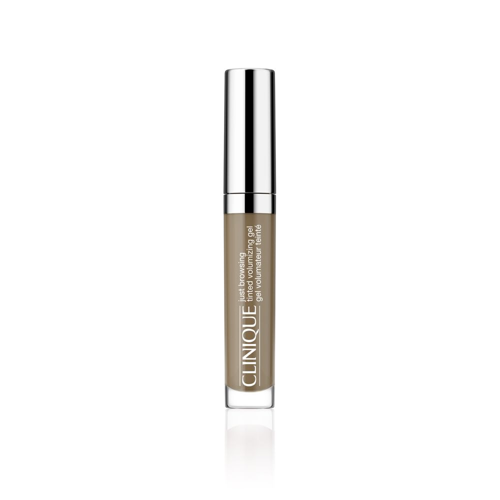 Clinique Just Browsing Gel teinté volumateur. Tube marron, bouchon argenté. Texte.