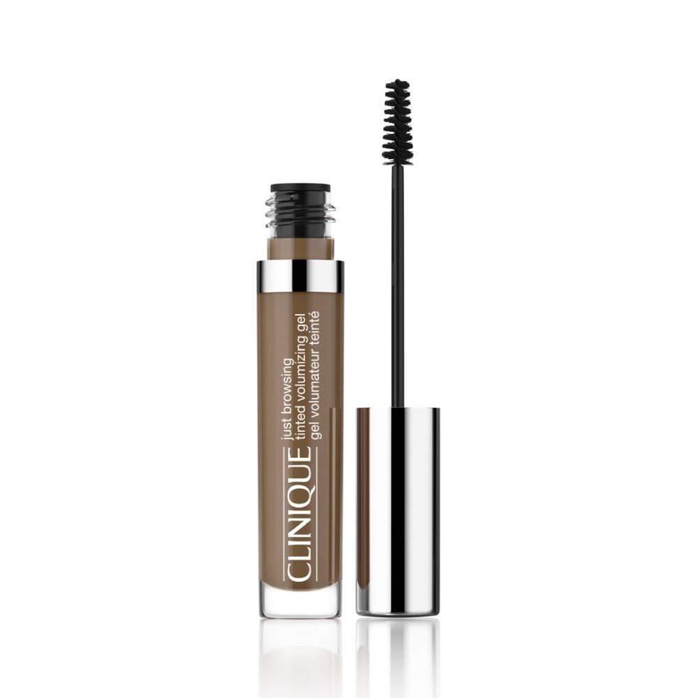 Gel pour sourcils avec brosse. Capuchon argenté, tube marron avec nom du produit. Marque : Clinique.