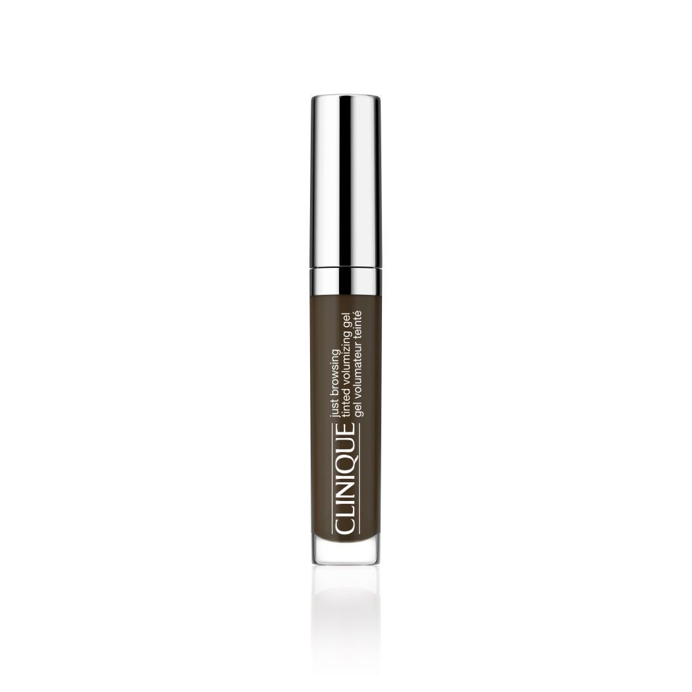 Tube de gel à sourcils avec bouchon argenté. Inscription : Clinique Just Browsing Tinted Volumizing Gel.
