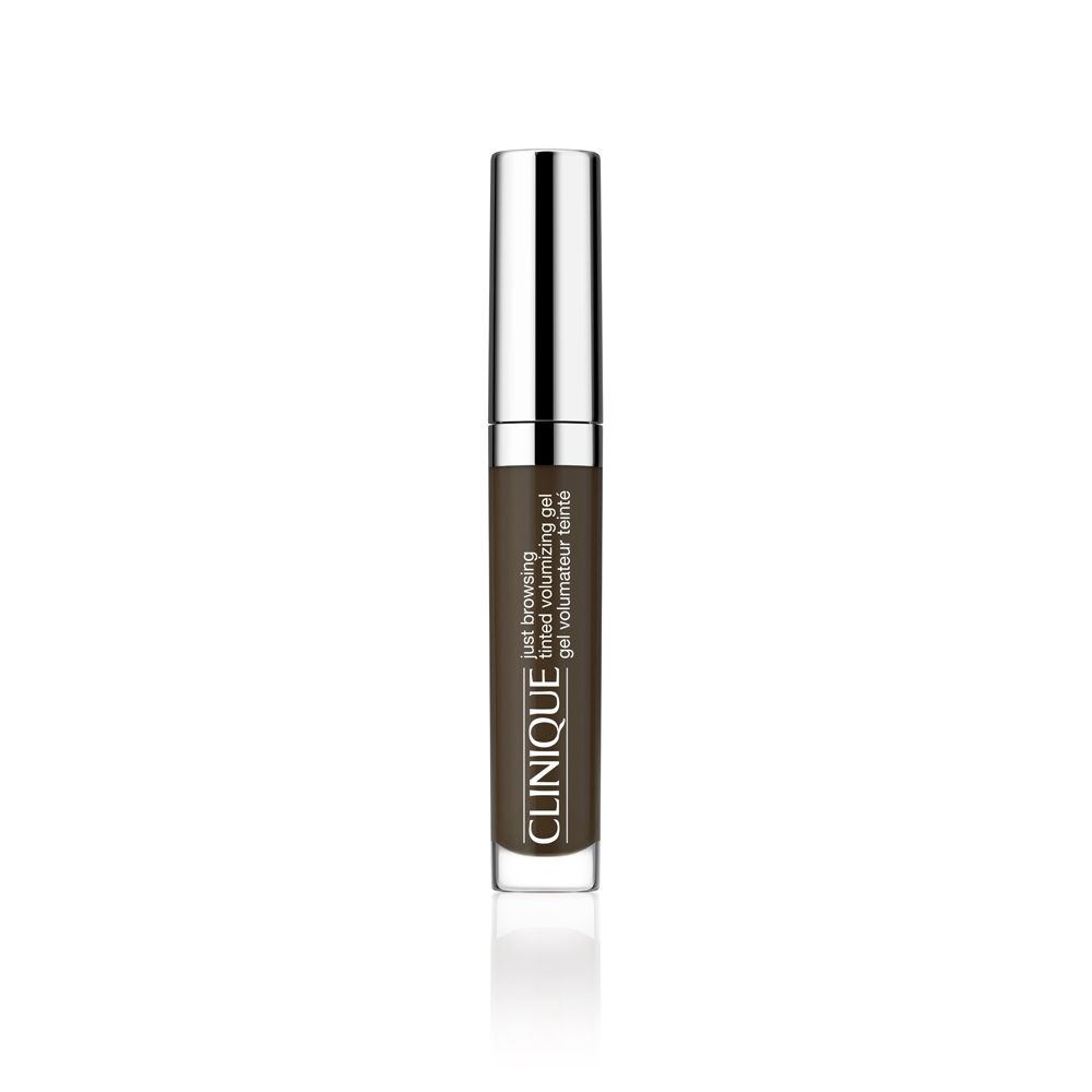 Tube de gel à sourcils avec bouchon argenté. Inscription : Clinique Just Browsing Tinted Volumizing Gel.