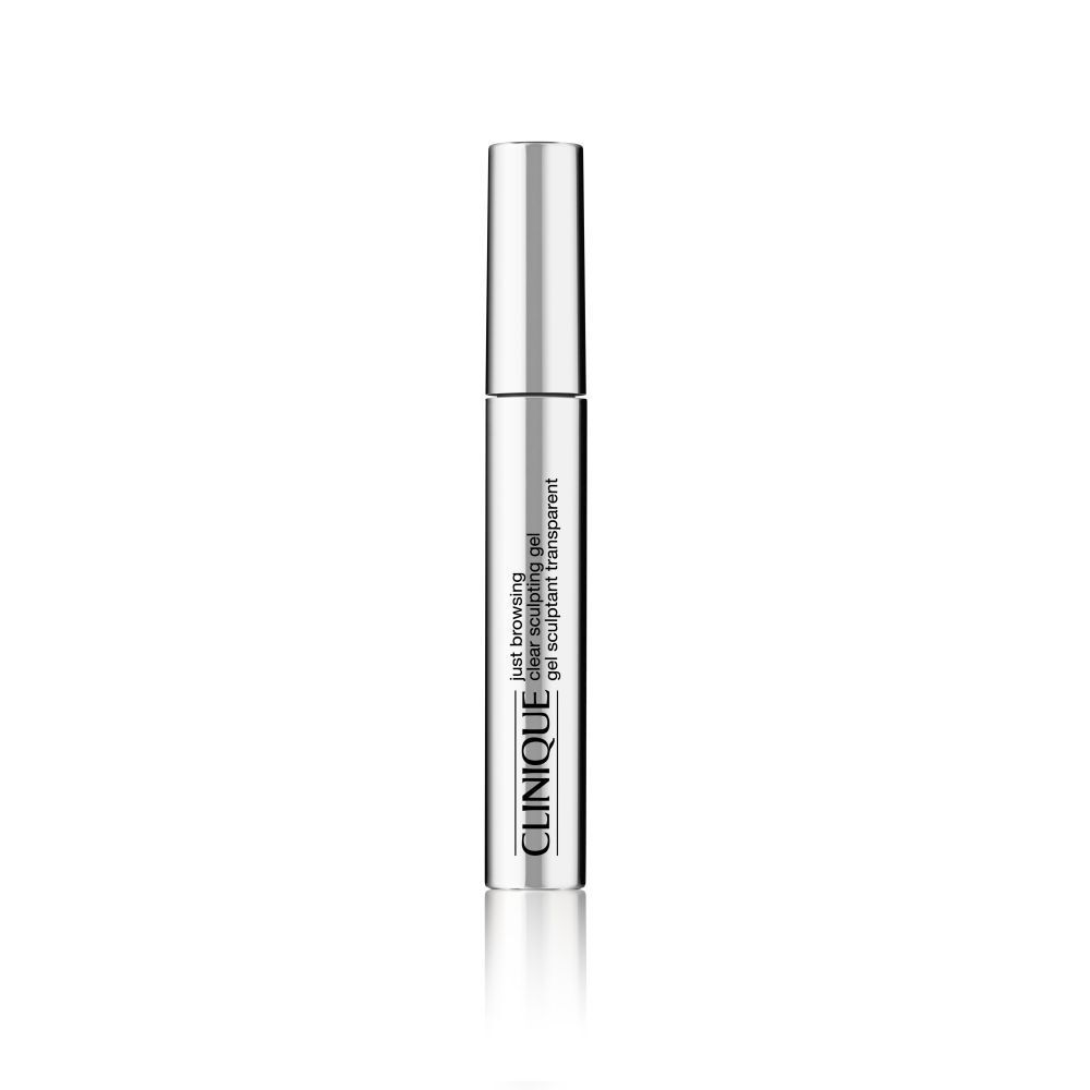 Clinique Just Browsing™ Gel transparent. Tube argenté. Inscription du produit visible.