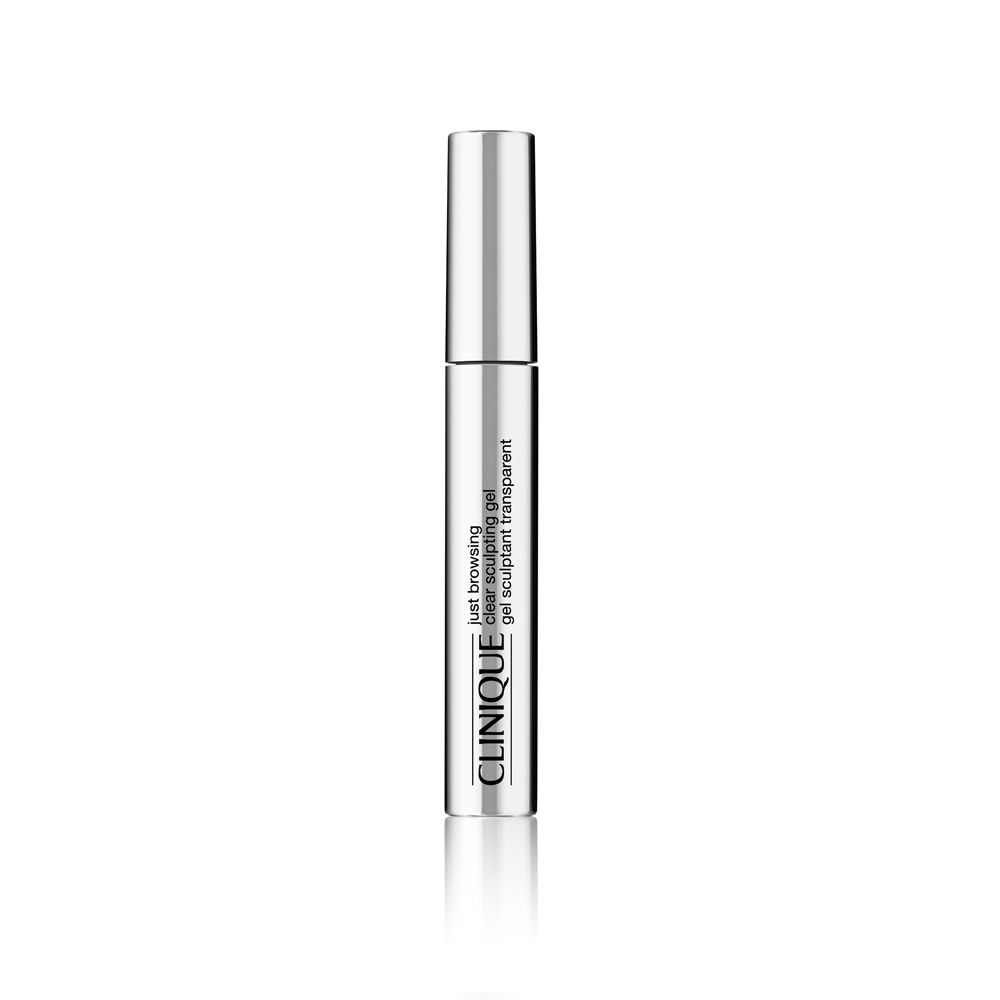 Clinique Just Browsing™ Gel transparent. Tube argenté. Inscription du produit visible.