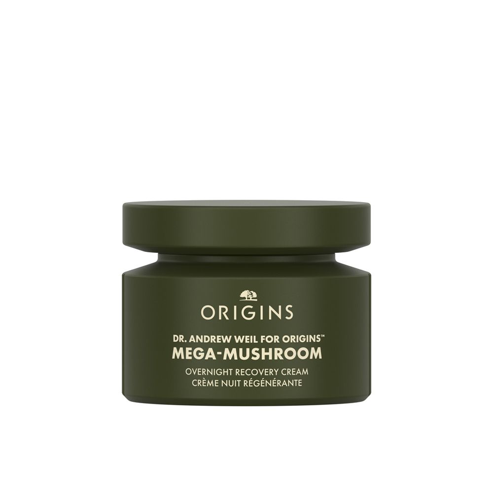 Pot vert avec texte Origins, Dr. Andrew Weil, Mega-Mushroom, Overnight Recovery Cream. Couvercle.
