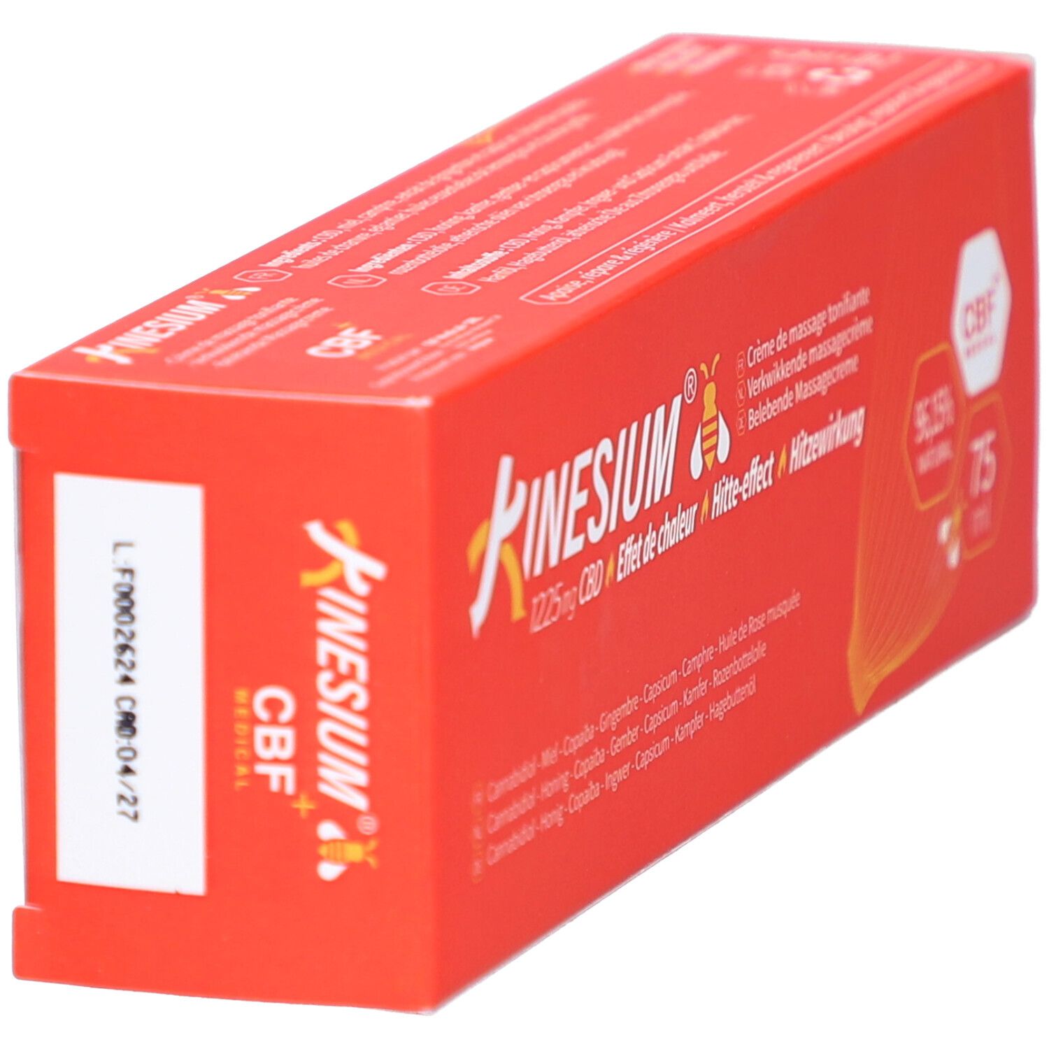 Boîte rouge Kinesium, 75 ml, effet chaleur. Label CBF+ Medical. Nom et détails du produit.