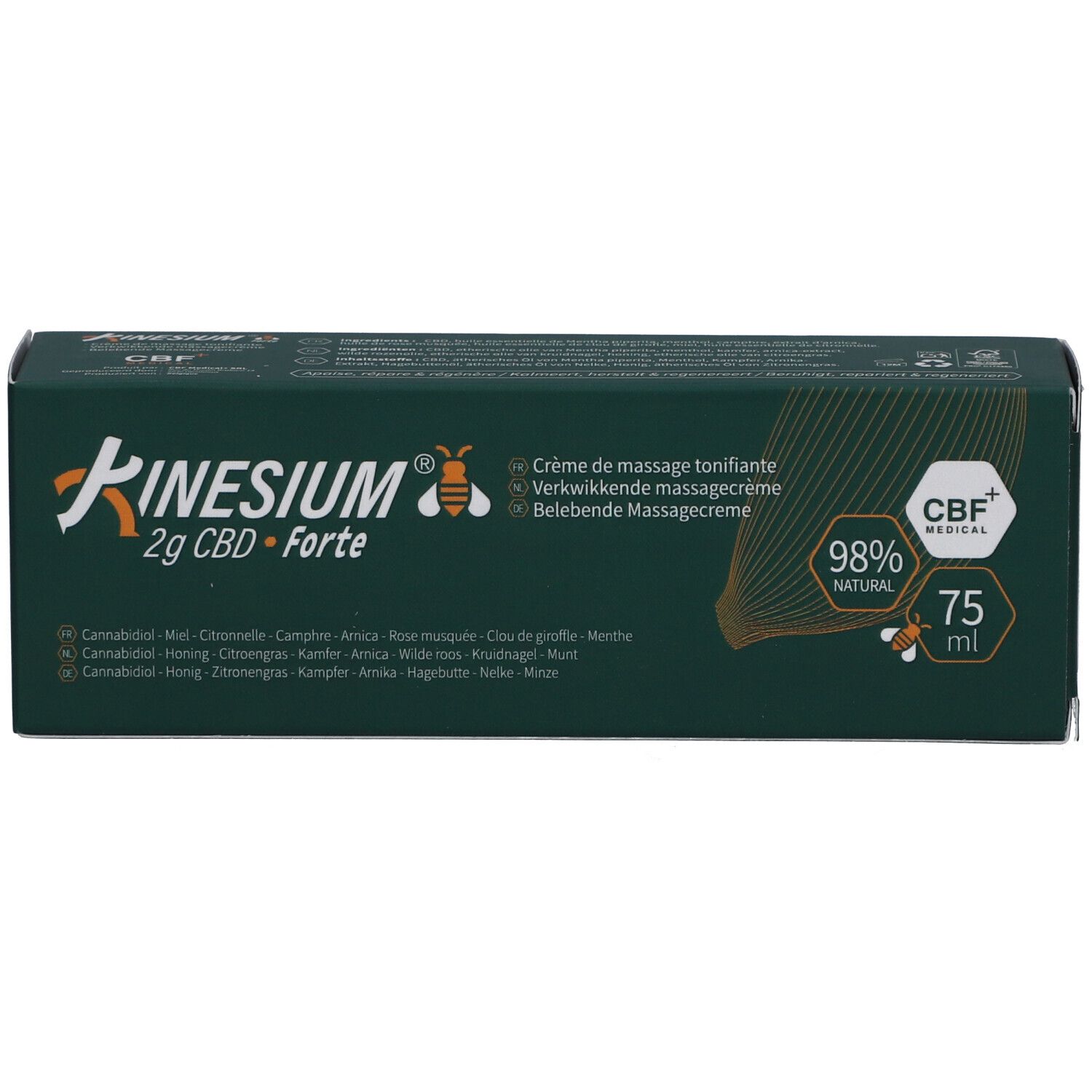 Boîte vert foncé. Inscription: Kinesium 2g CBD Forte, 98% Natural, 75 ml. Sceau CBF. Ingrédients listés.