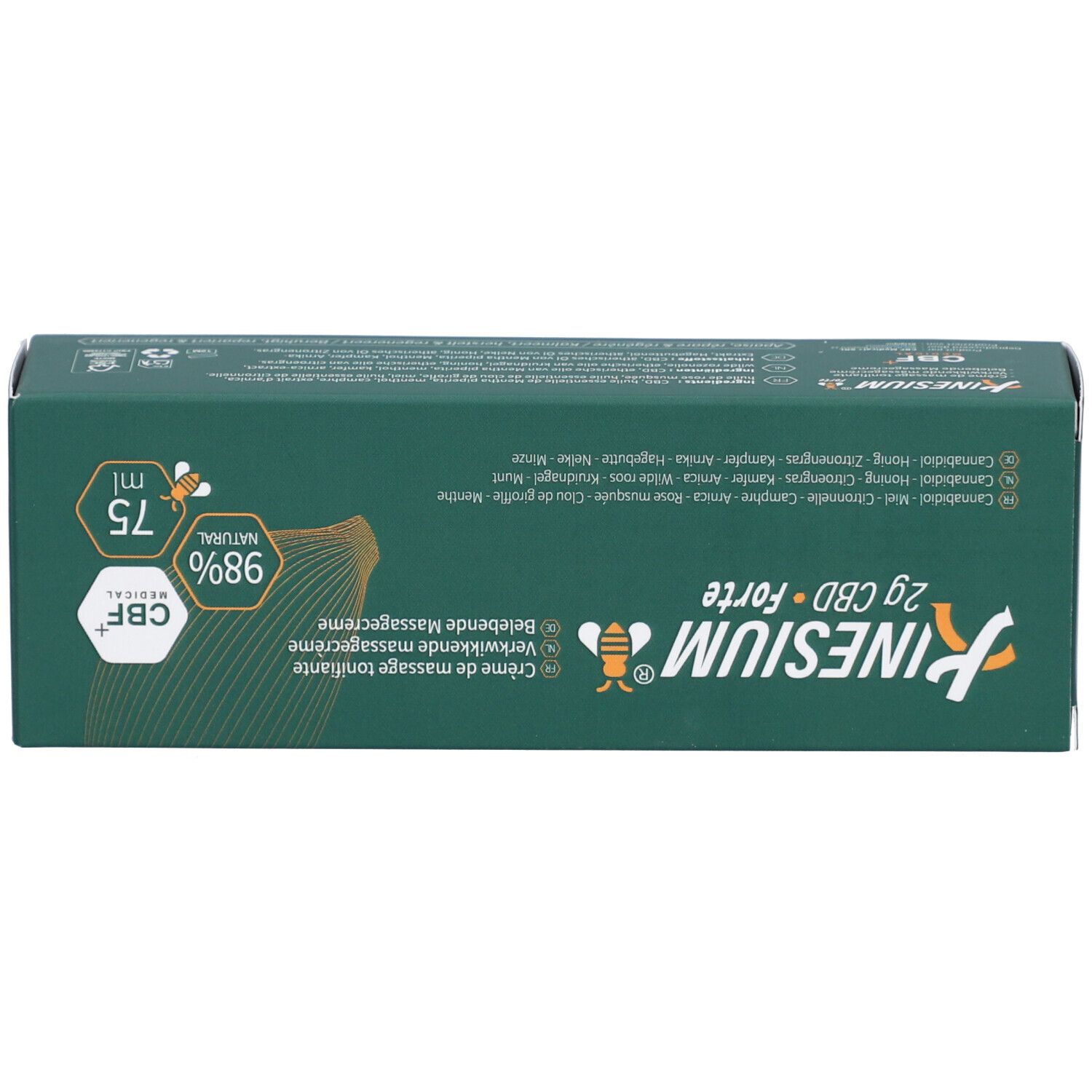 Boîte vert foncé. Inscription: Kinesium 2g CBD Forte, 98% Natural, 75 ml. Sceau CBF. Ingrédients listés.