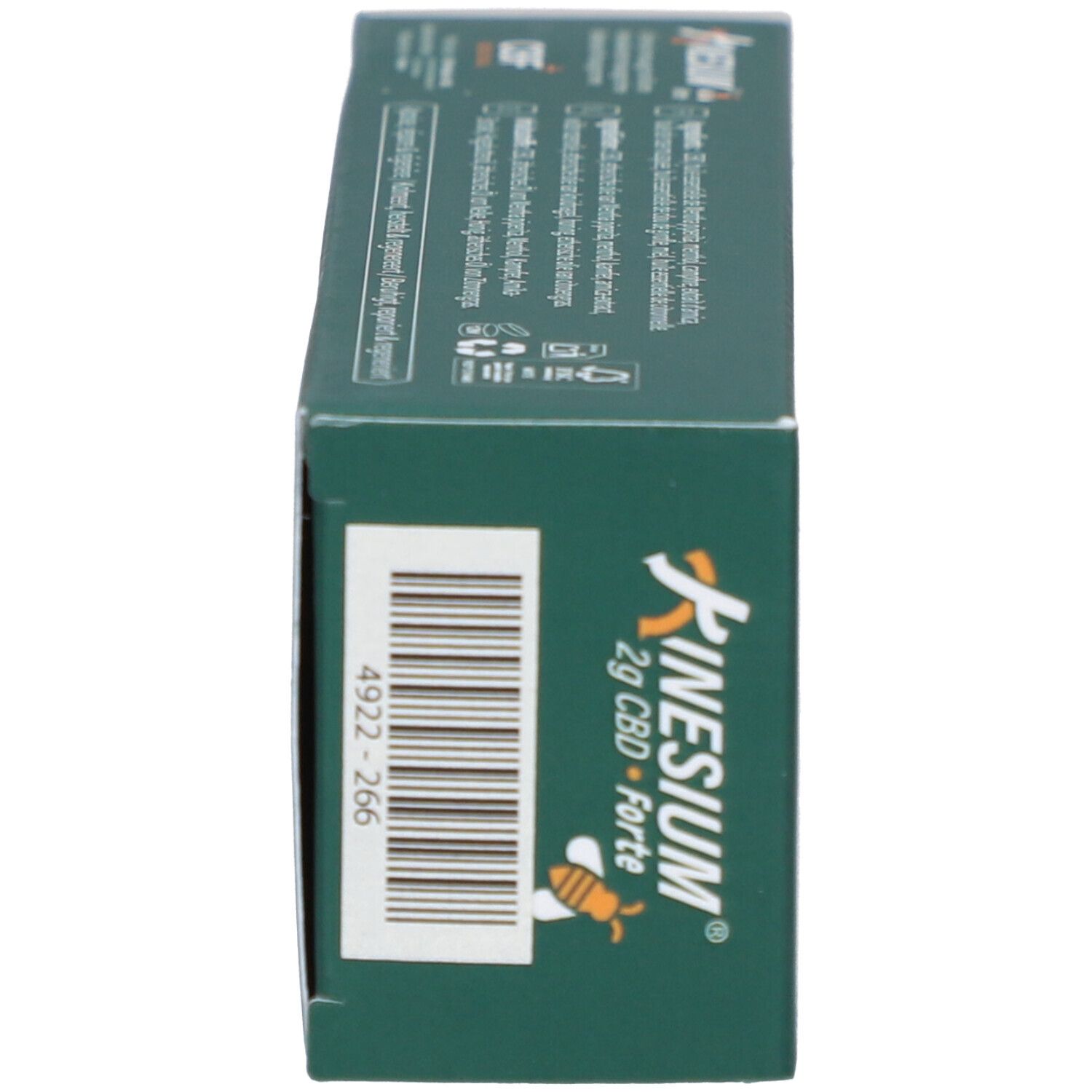 Boîte, vue latérale. Inscription: Kinesium 2g CBD Forte. Code-barres. Emballage vert foncé.