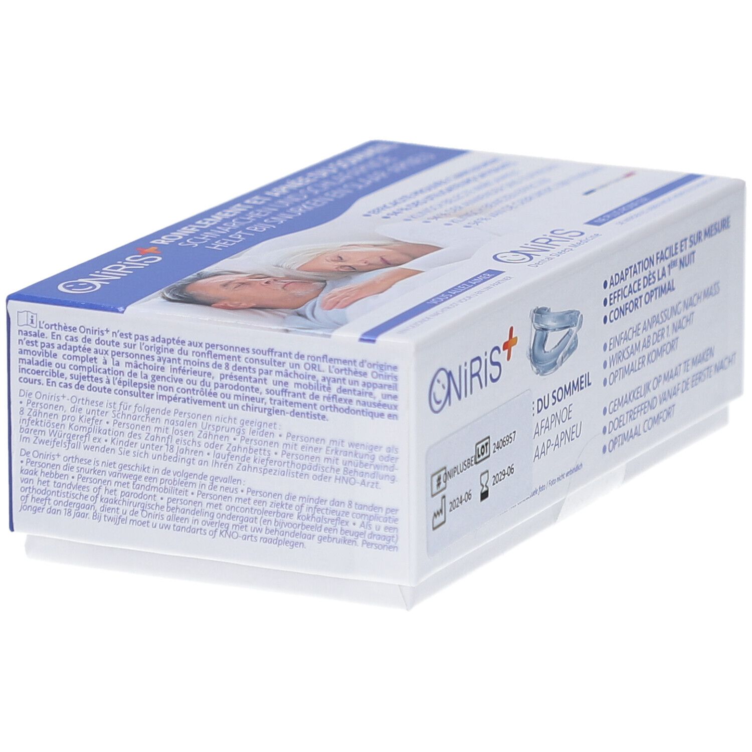 Boîte avec image du produit et texte. Logo: Oniris+. Texte: Orthese Oniris, AAP-Apnée.