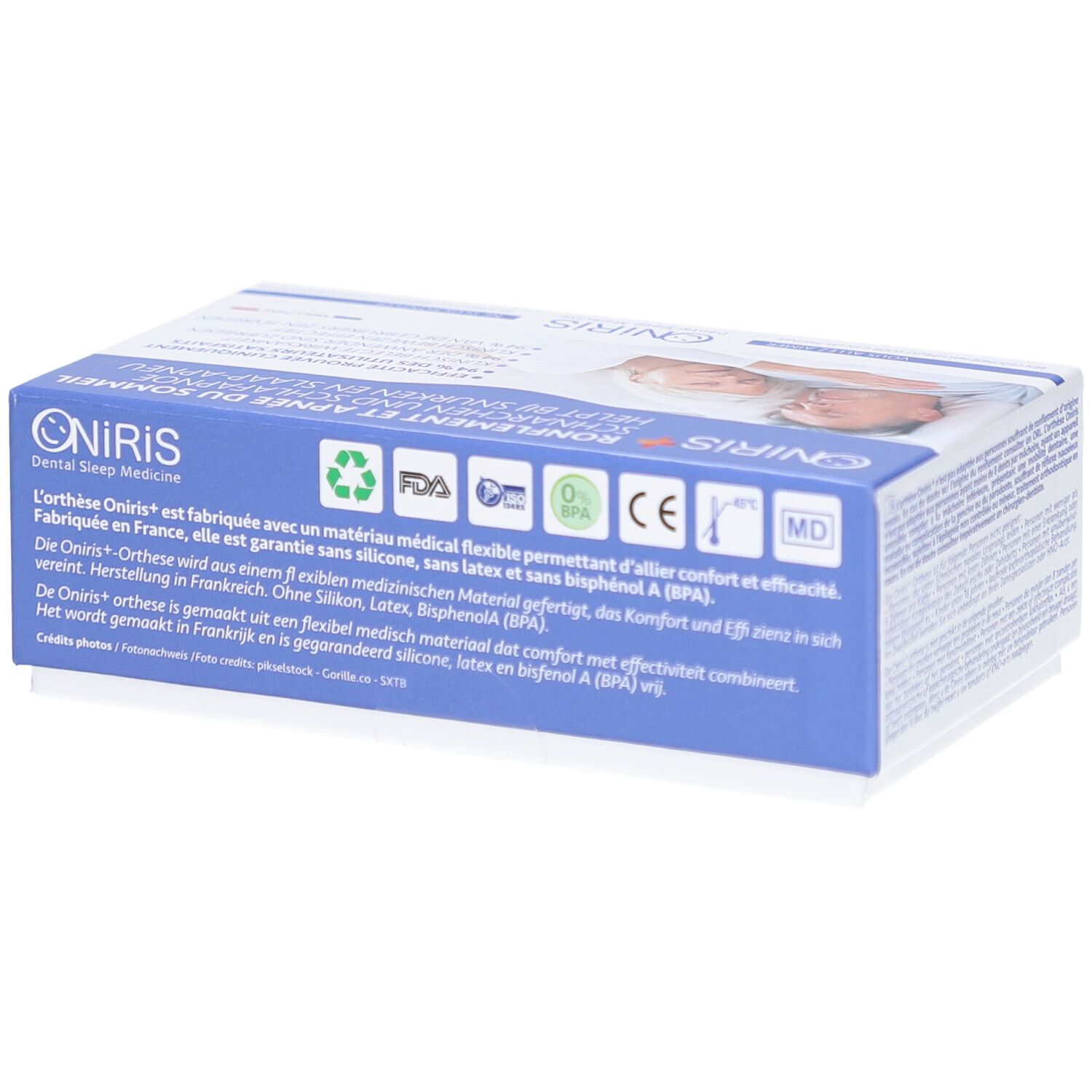 Boîte avec texte et logos. Texte: Dental Sleep Medicine. Logos: FDA, CE, MD.