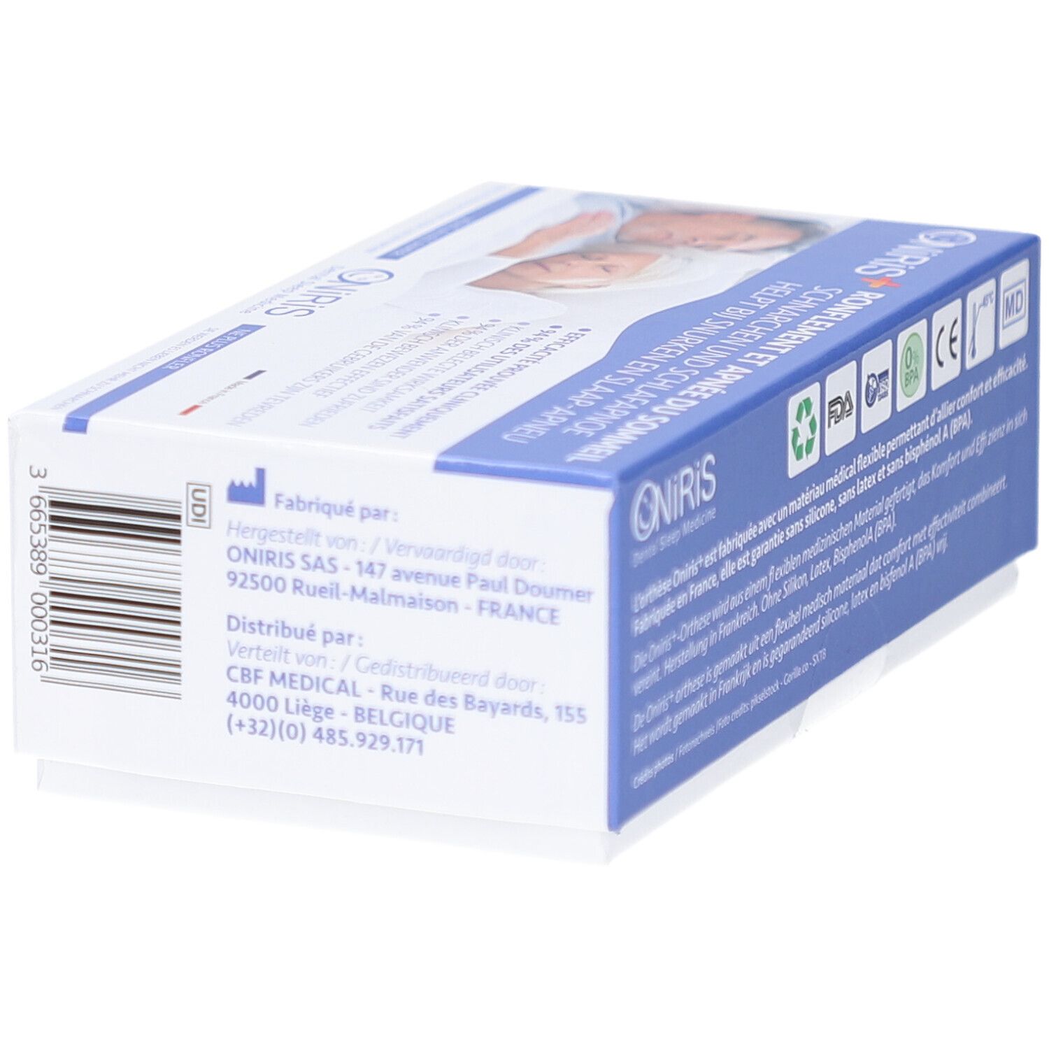 Boîte avec texte et logos. Texte: Fabriqué par: ONIRIS SAS. Logos: Recyclage, CE.