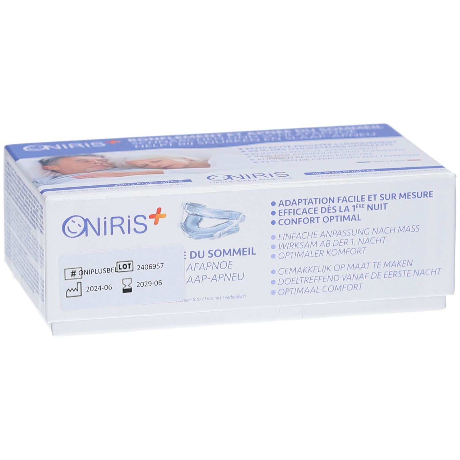 Boîte avec image du produit et texte. Logo: Oniris+. Texte: Adaptation facile et sur mesure, Confort optimal.