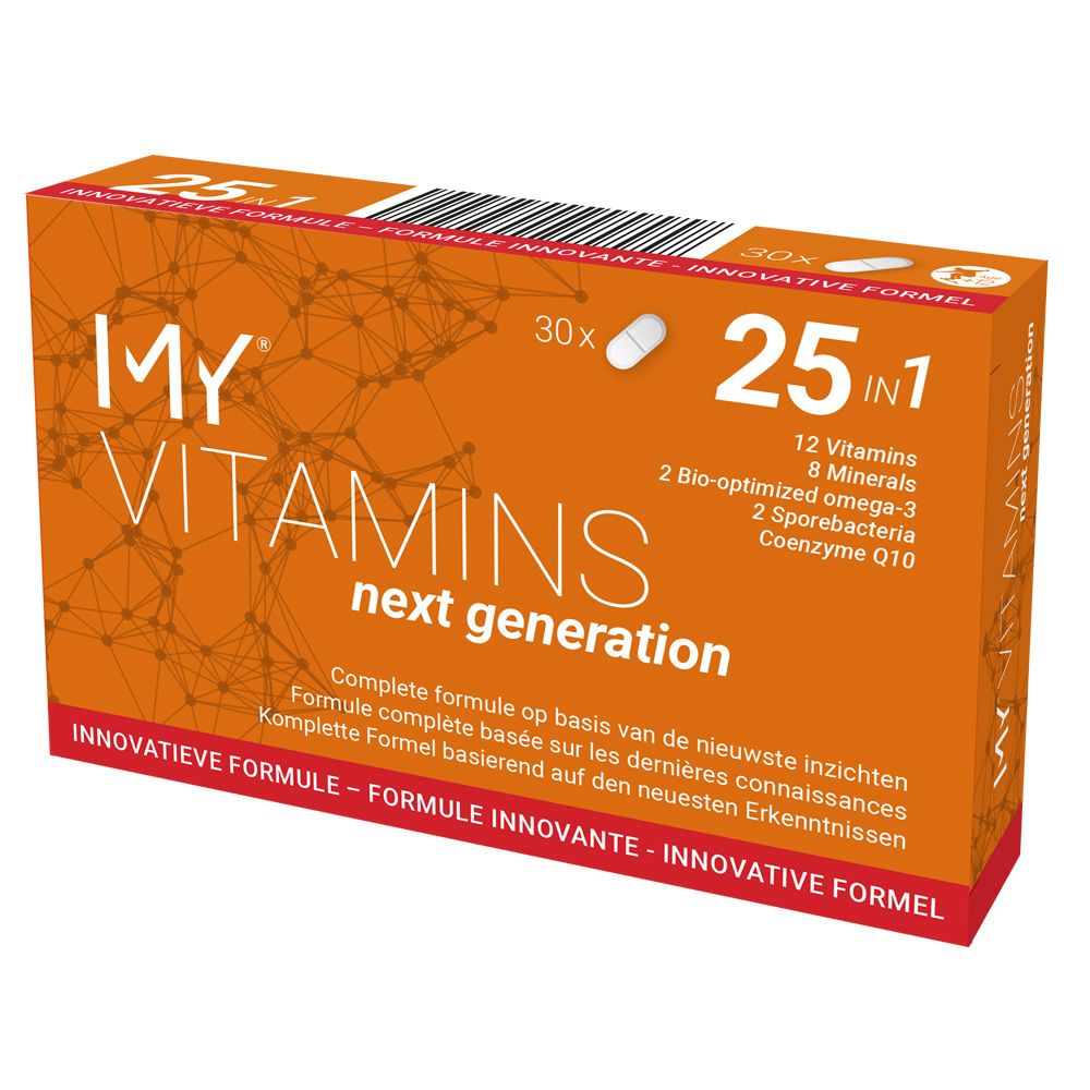 Emballage orange pour My Vitamins Next Generation, formule 25 en 1 avec 30 gélules.