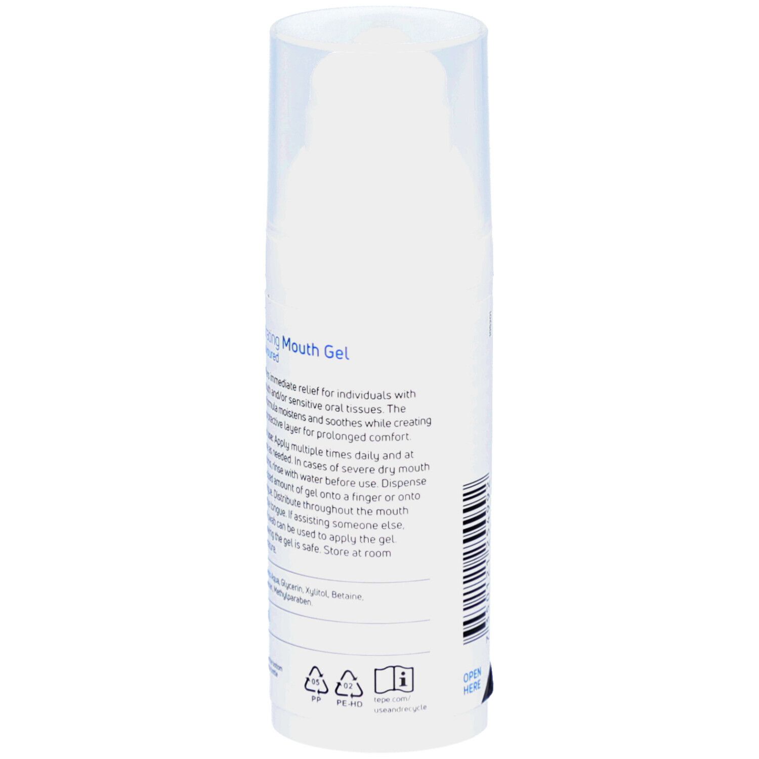 Flacon blanc, dos. Texte avec instructions d'utilisation. Inscription: TePe Hydrating Mouth Gel. Symbole du drapeau suédois.