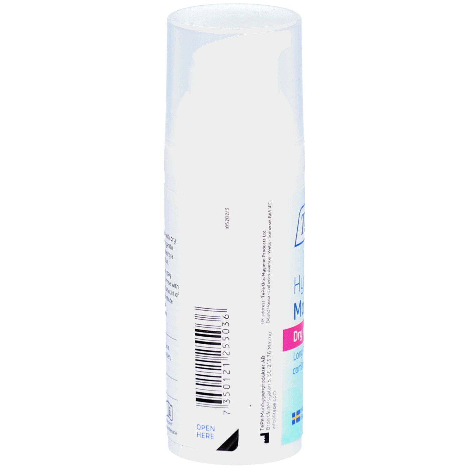 Dos du flacon blanc. Code-barres et texte. Informations fabricant. Instruction d'ouverture.