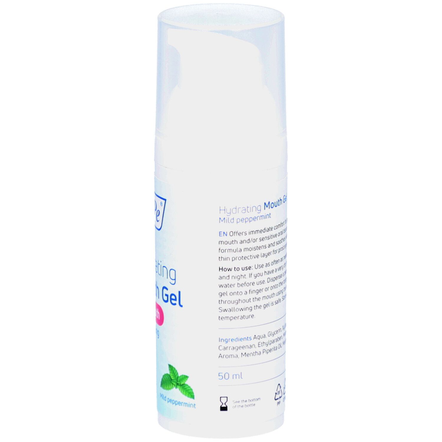 Dos du flacon blanc. Texte avec instructions, ingrédients et 50 ml. Illustration de menthe.