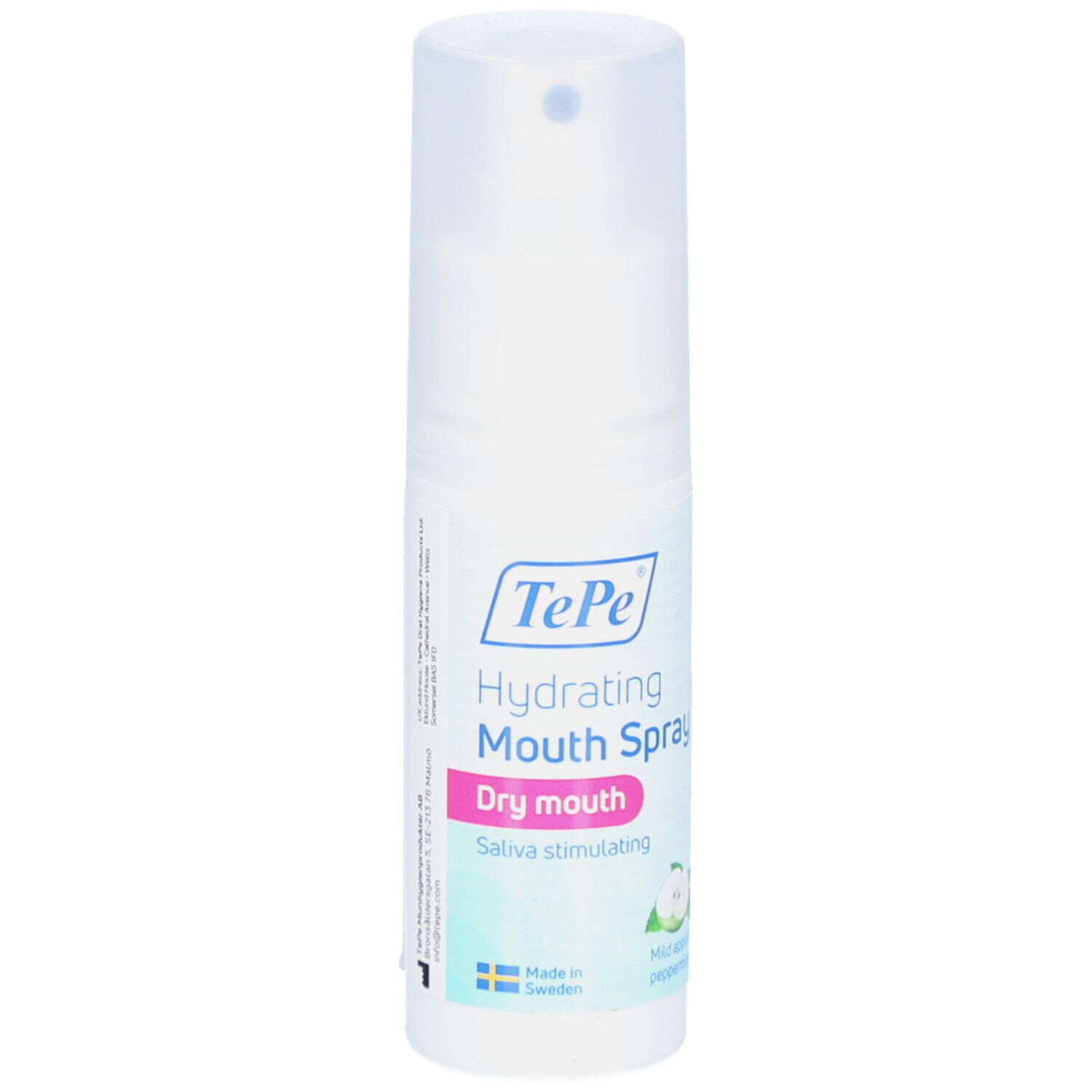 Flacon spray blanc avec étiquette bleu-rose. Texte : TePe Hydrating Mouth Spray, Dry mouth, Saliva stimulating. Avec bouchon.