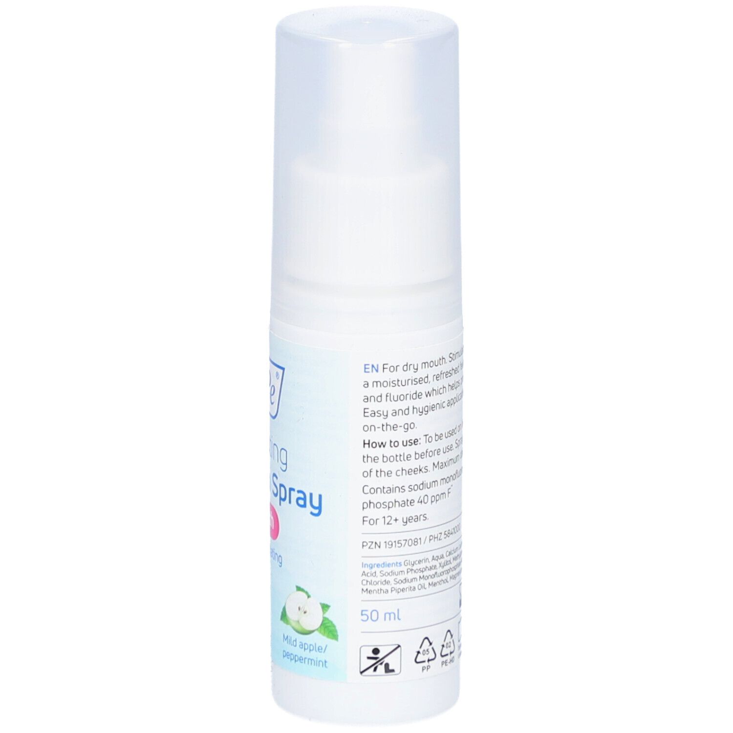 Dos du flacon spray blanc. Texte avec ingrédients et instructions d'utilisation. 50 ml. Avec bouchon.