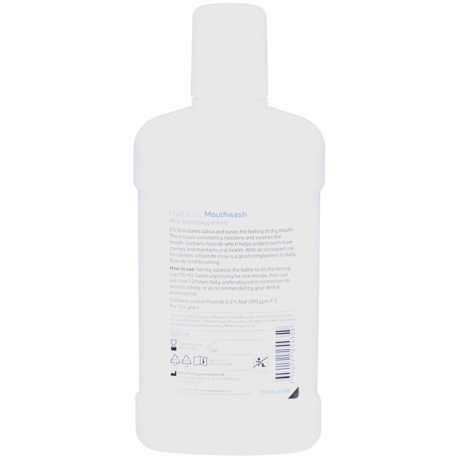 Dos d'une bouteille blanche. Texte: Hydrating Mouthwash. Informations sur l'utilisation et les ingrédients.